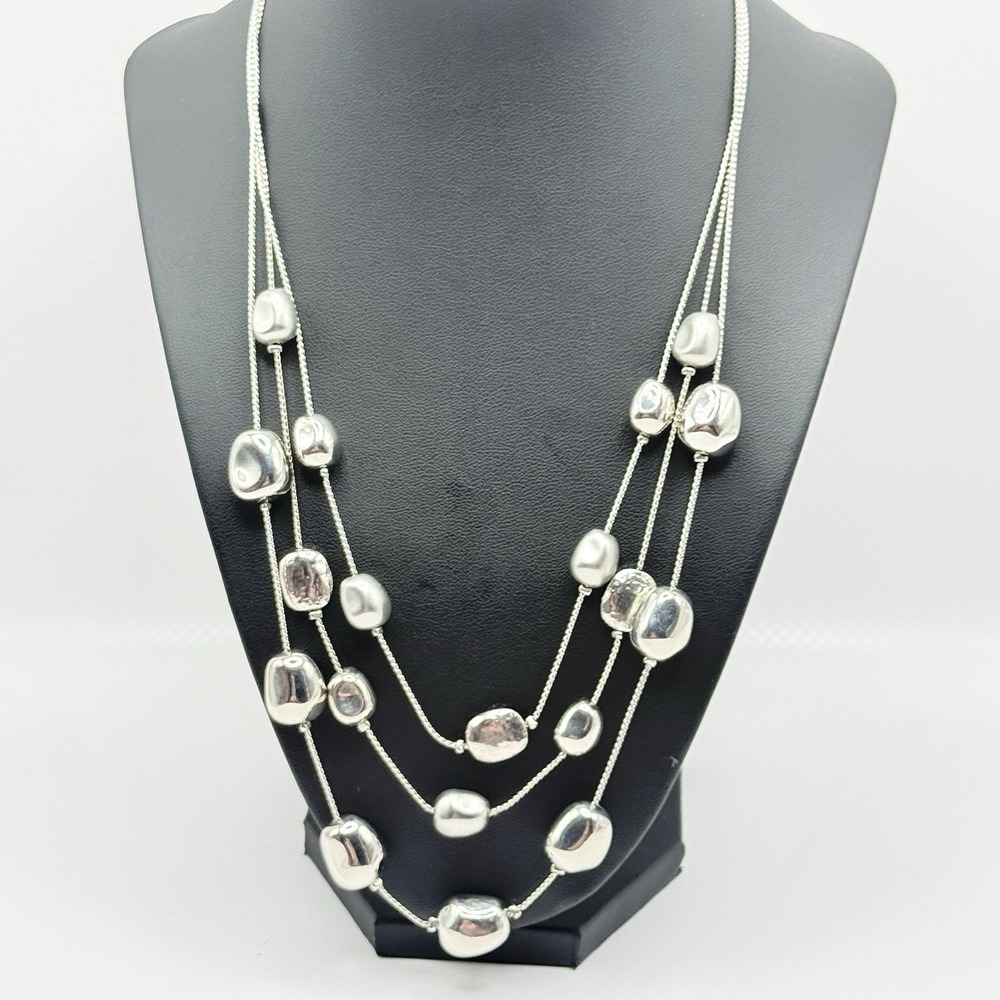 Chico's Matte & Shiny Beaded Silver Tone‎ Multi Strand Chunky Necklace - Picture 2 of 3